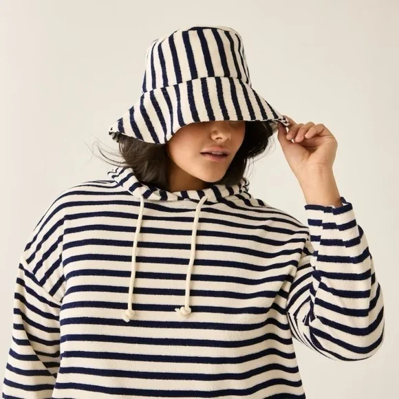 Love & Lore Terry Indigo Navy Blue & Off White Striped Bucket  Hat - Picture 8 of 9